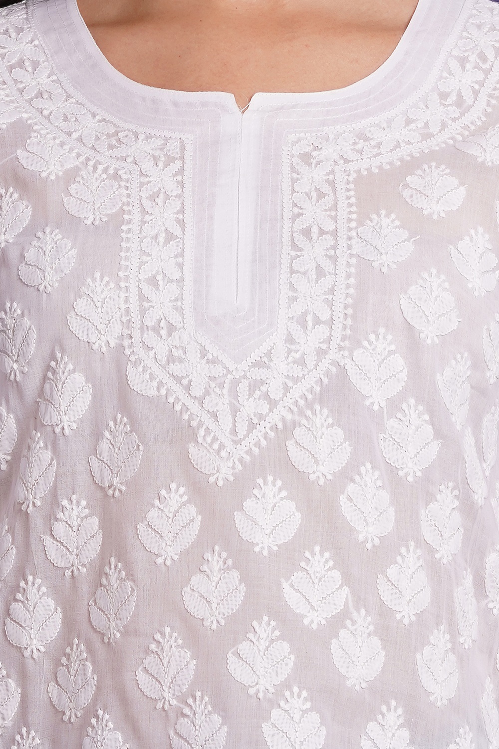 White Hand Embroidered Chikan Cotton Top With Contrast Thread Work