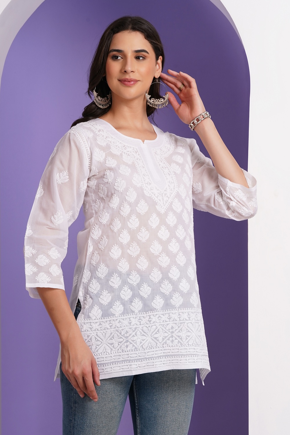 White Hand Embroidered Chikan Cotton Top With Contrast Thread Work