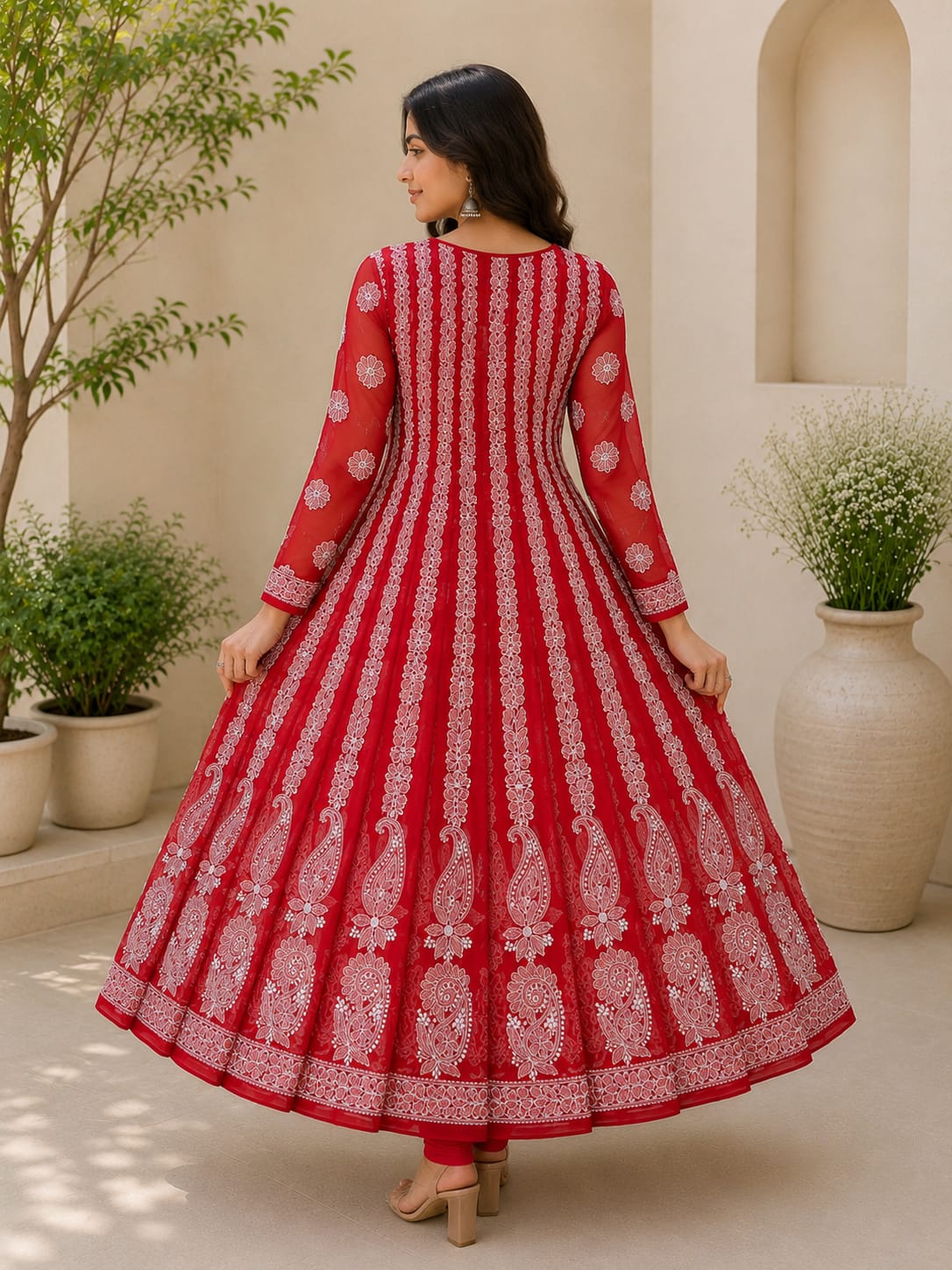Crimson Red Hand Embroidered Chikan Chiffon Anaarkali With 56Gores