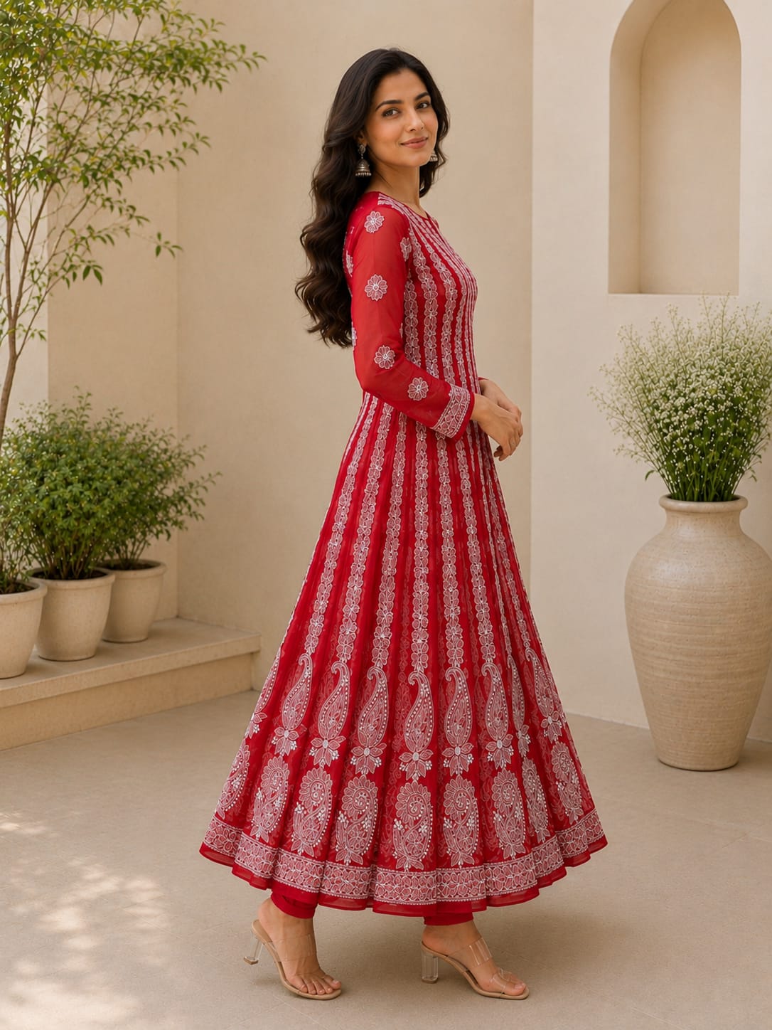 Crimson Red Hand Embroidered Chikan Chiffon Anaarkali With 56Gores