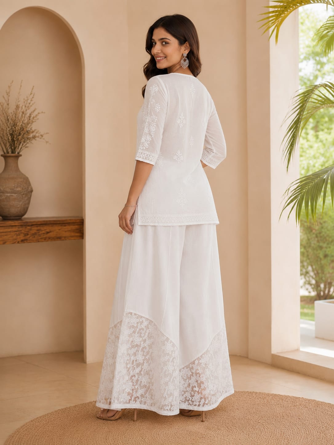 White Hand Embroidered Pure Cotton Kalidaar Net Work Plazo (Free Size)