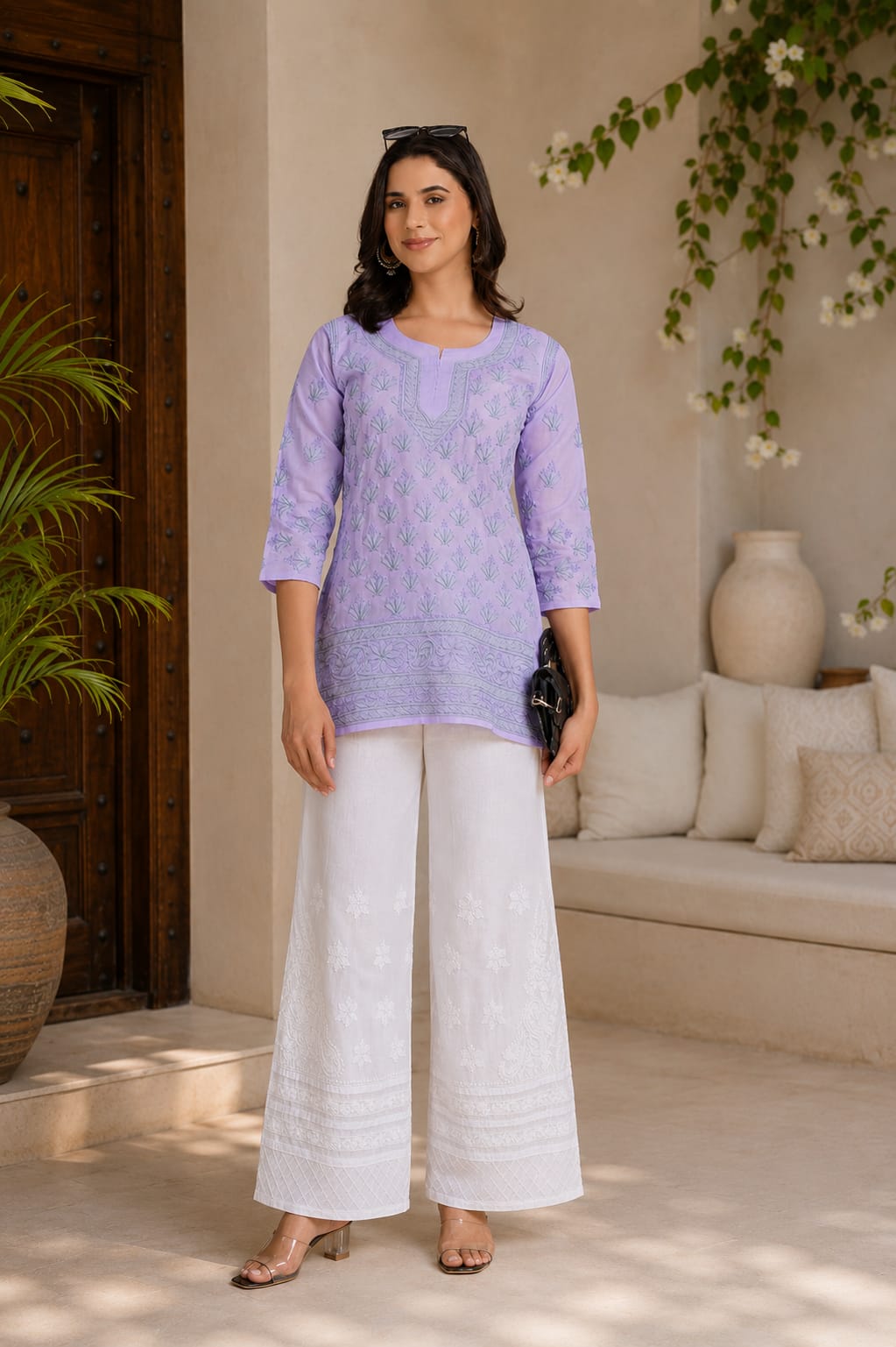 White Hand Embroidered Pure Cotton Chikankari Plazo (Free Size)