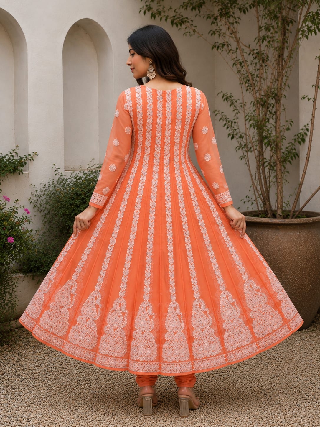 Coral Orange Hand Embroidered Chikan Chiffon Anaarkali With 56Gores