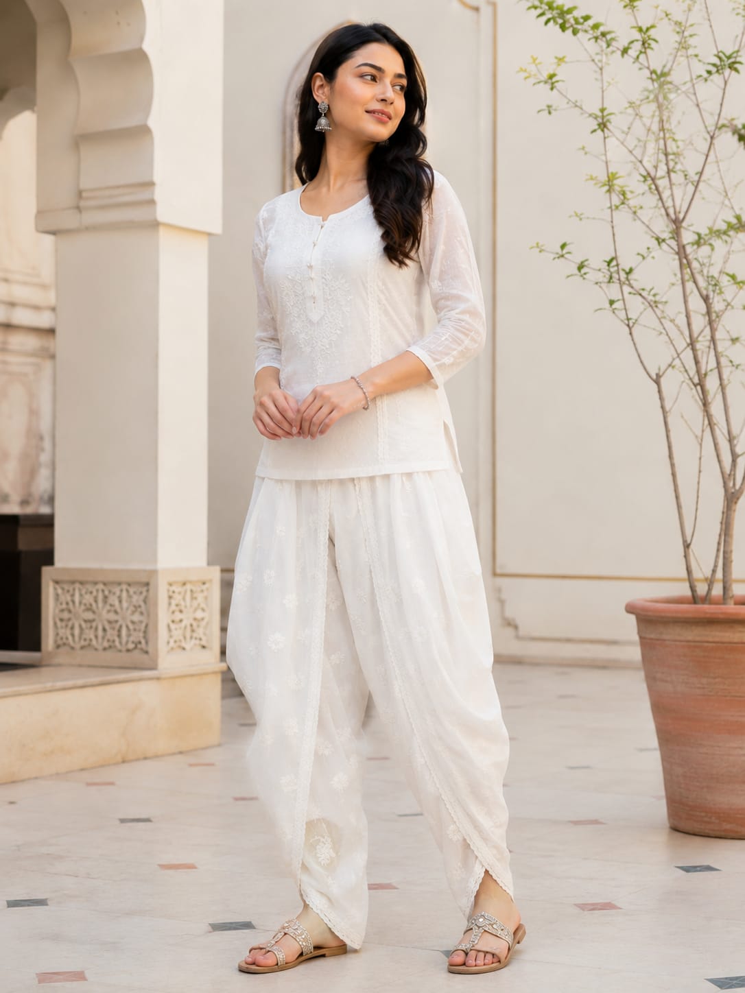 White Hand Embroidered Pure Cotton Dhoti Style Plazo (Free Size)