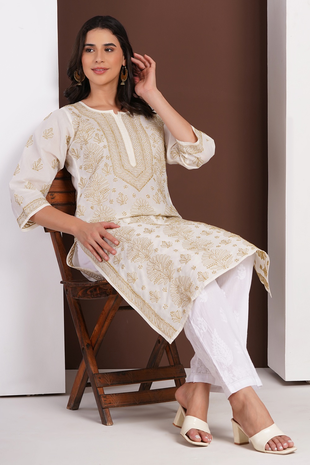 Cream Hand Embroidered Chikan Cotton Kurti