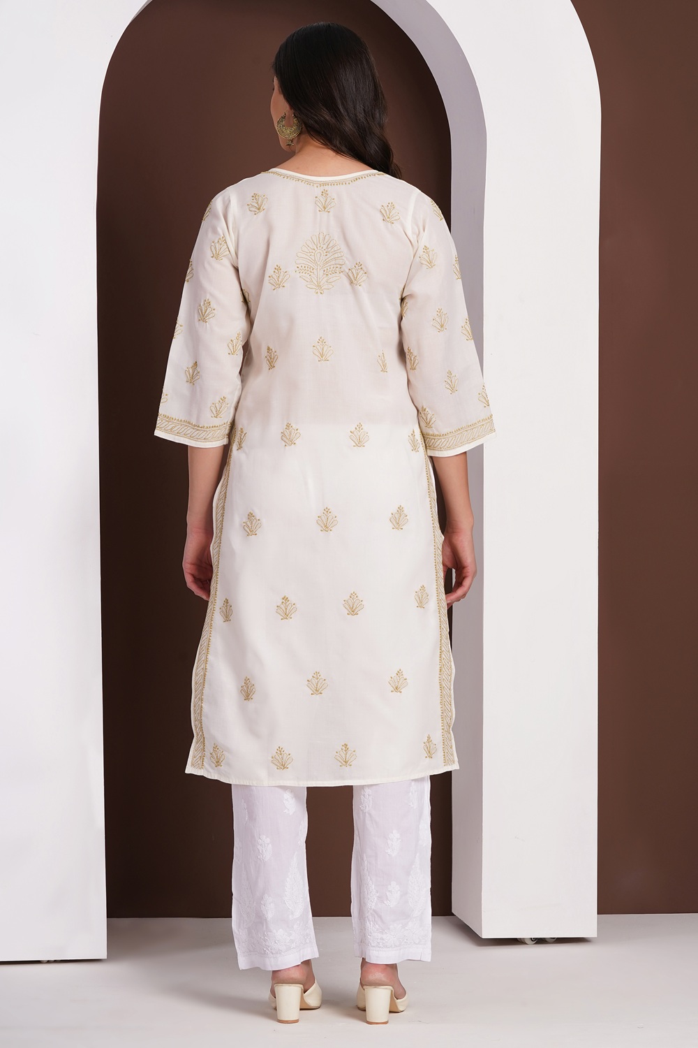 Cream Hand Embroidered Chikan Cotton Kurti