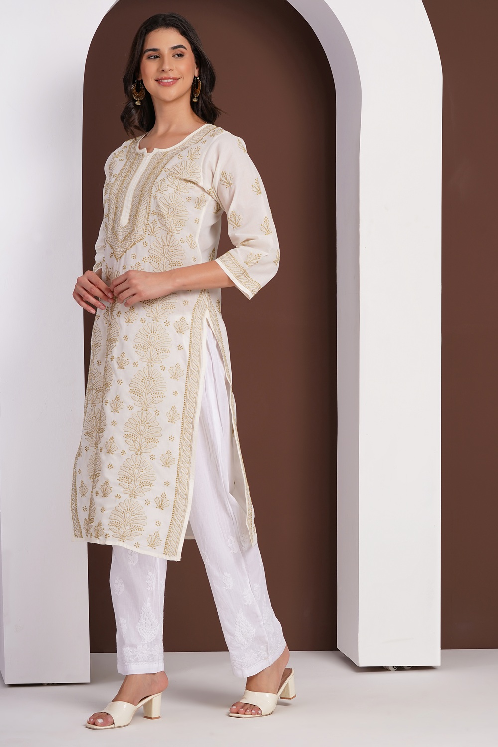 Cream Hand Embroidered Chikan Cotton Kurti
