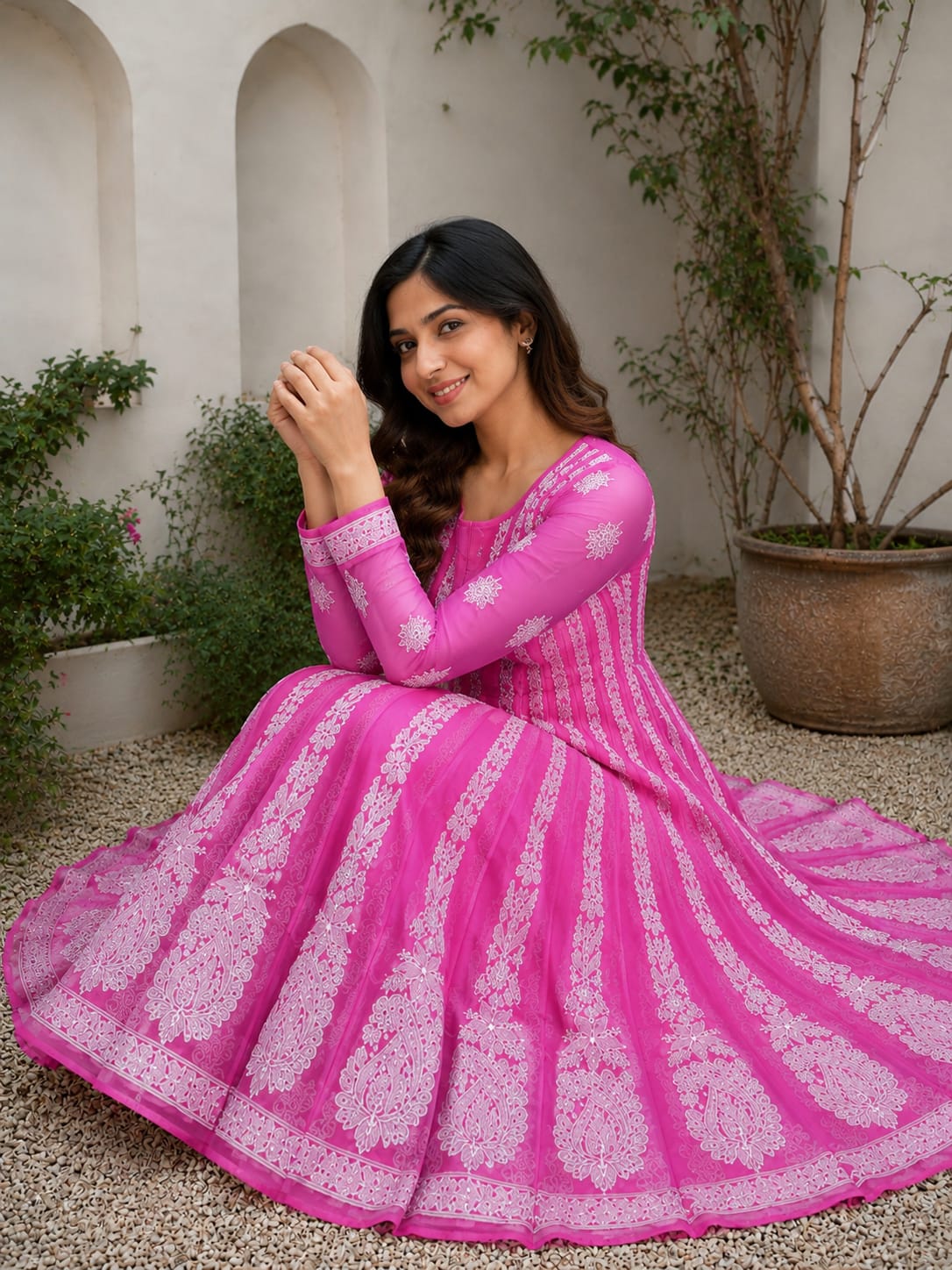 Fuchsia Pink Hand Embroidered Chikan Chiffon Anaarkali With 56Gores