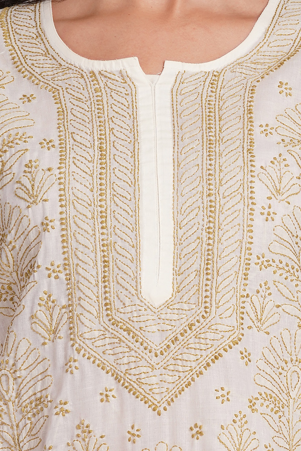 Cream Hand Embroidered Chikan Cotton Kurti