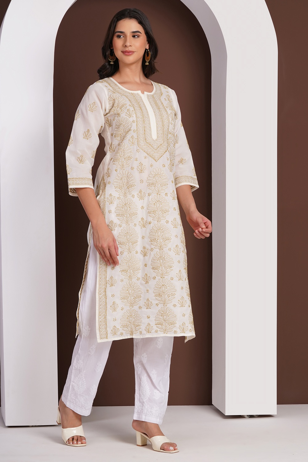 Cream Hand Embroidered Chikan Cotton Kurti