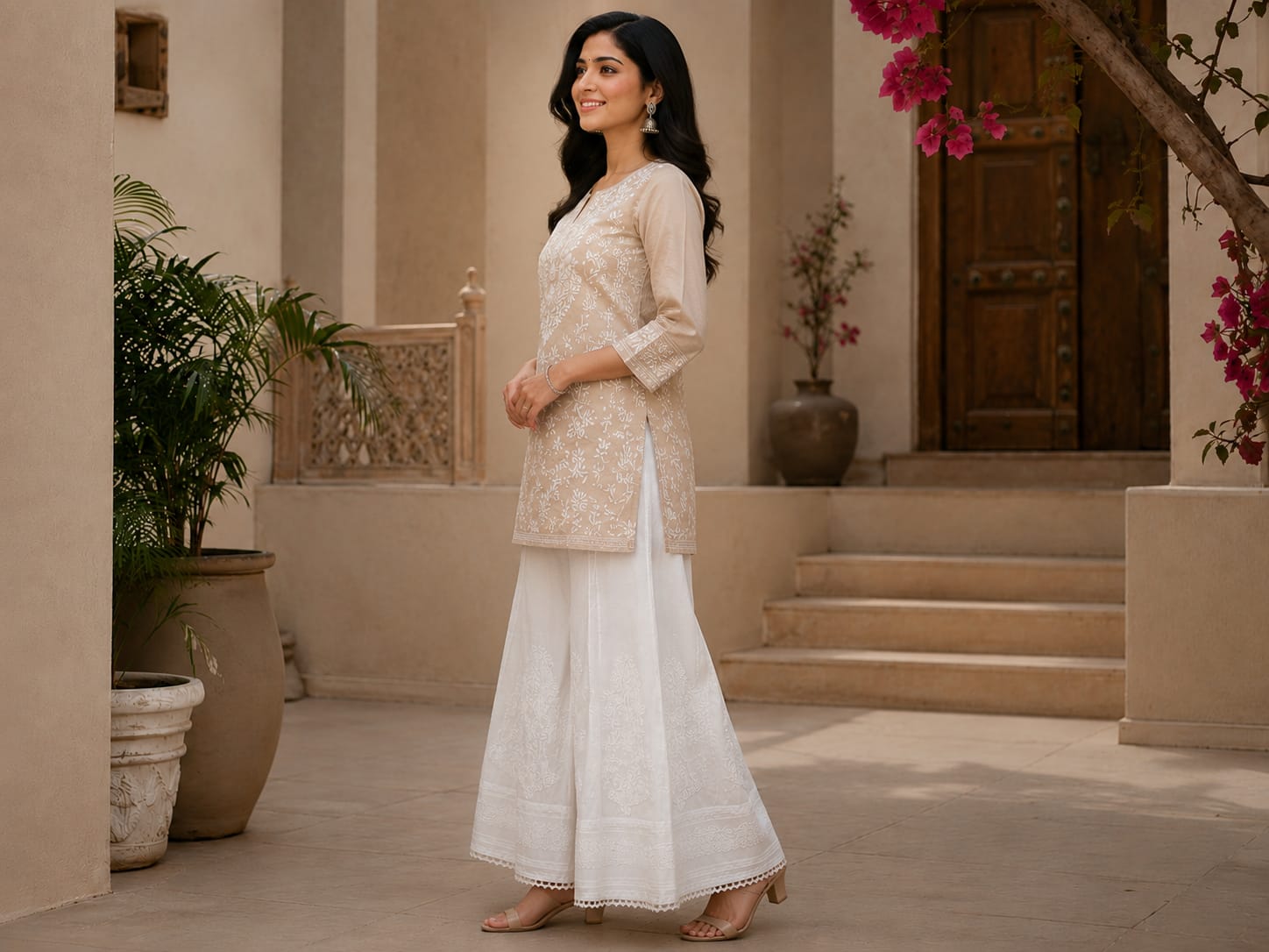 White Hand Embroidered Pure Cotton Chikankari Kalidar Plazo (Free Size)