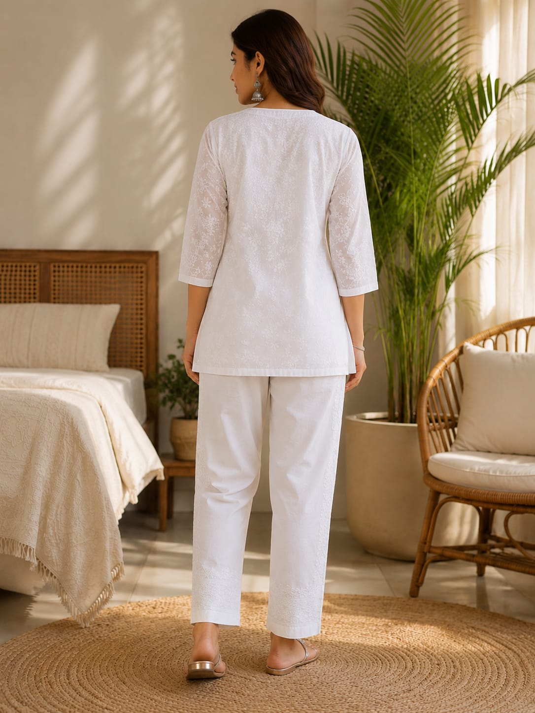 White Hand Embroidered Chikankari Lycra Pant With Bakhiya Work (Free Size)