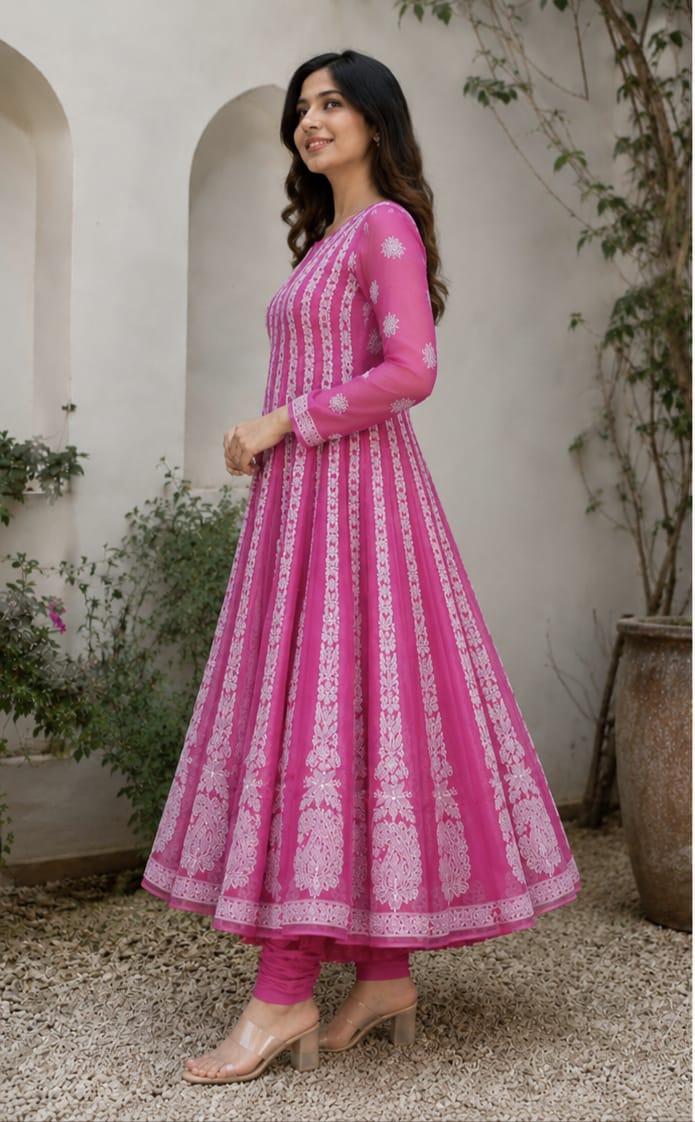 Fuchsia Pink Hand Embroidered Chikan Chiffon Anaarkali With 56Gores