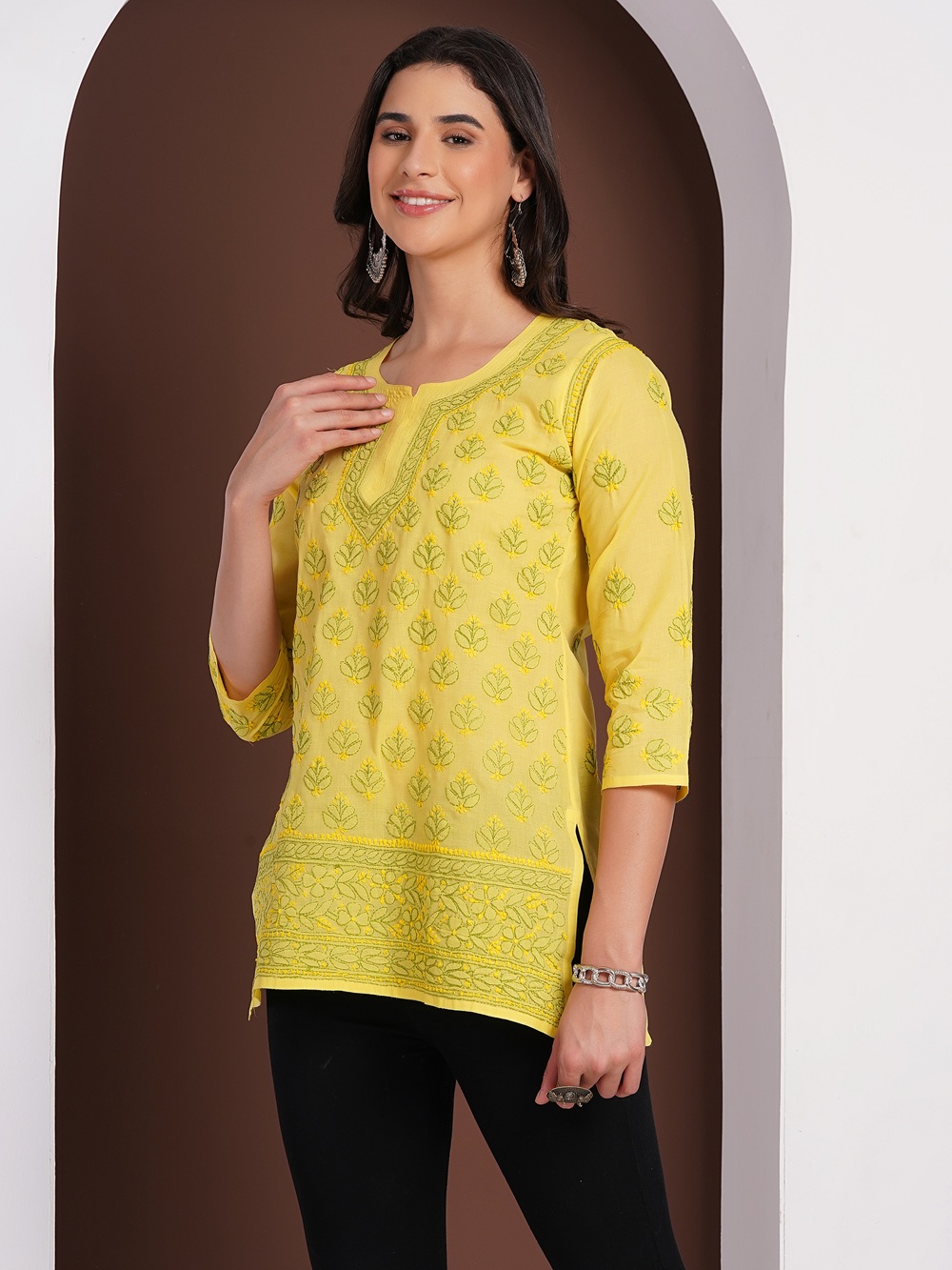 Lemon Yellow Hand Embroidered Chikan Cotton Top With Contrast Thread Work