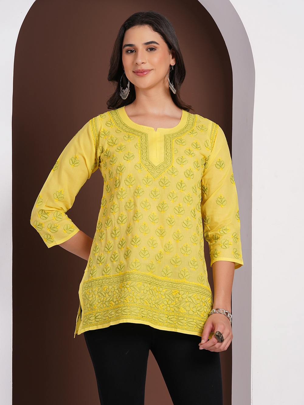 Lemon Yellow Hand Embroidered Chikan Cotton Top With Contrast Thread Work