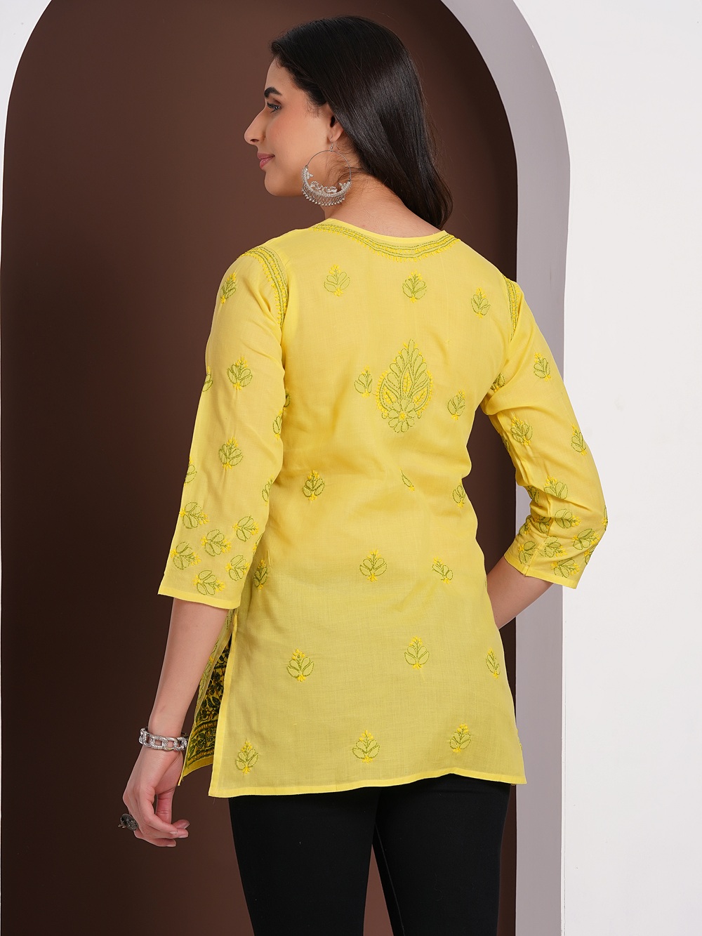 Lemon Yellow Hand Embroidered Chikan Cotton Top With Contrast Thread Work