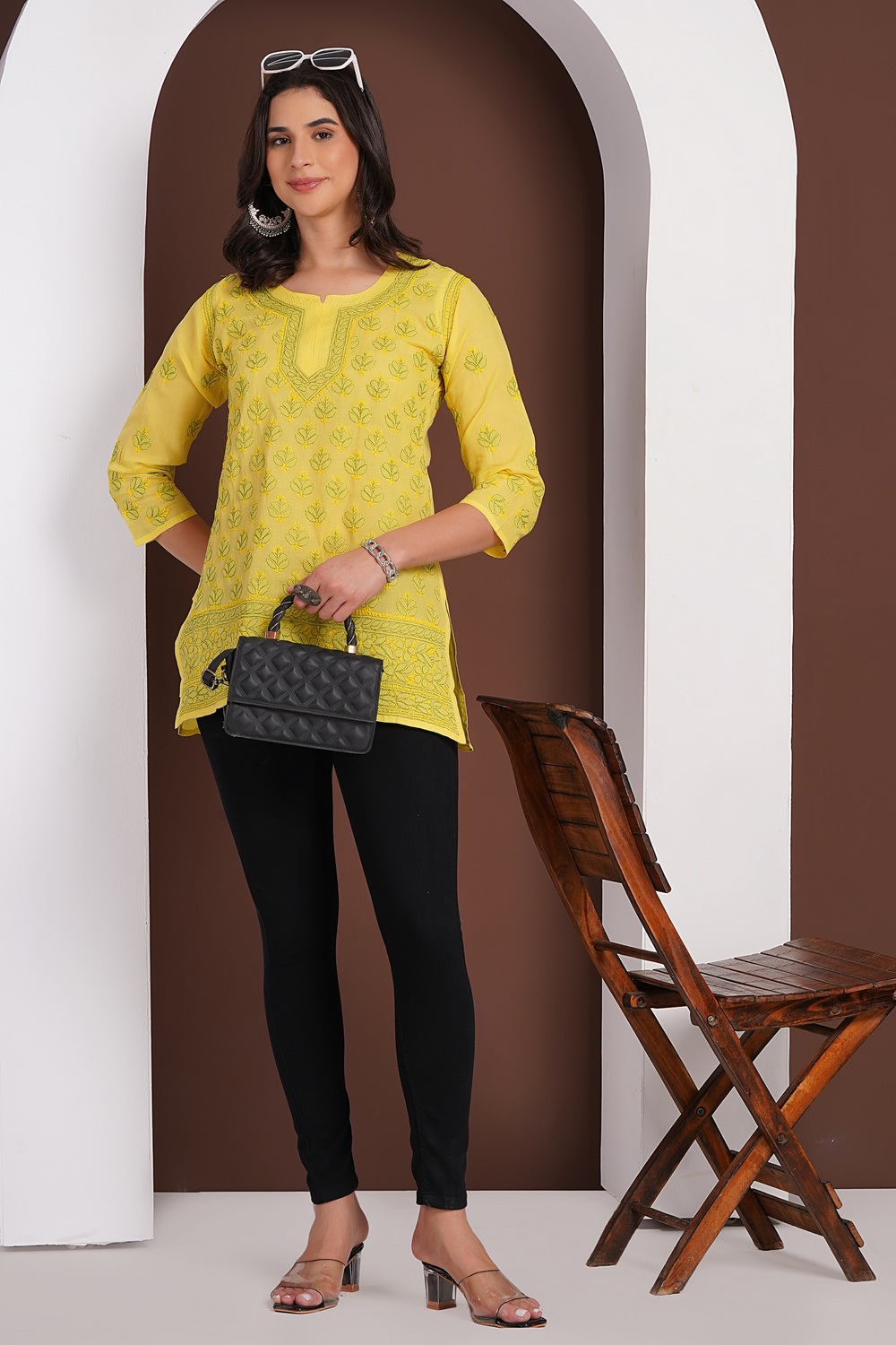 Lemon Yellow Hand Embroidered Chikan Cotton Top With Contrast Thread Work
