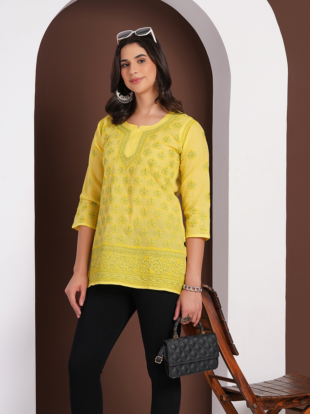 Lemon Yellow Hand Embroidered Chikan Cotton Top With Contrast Thread Work