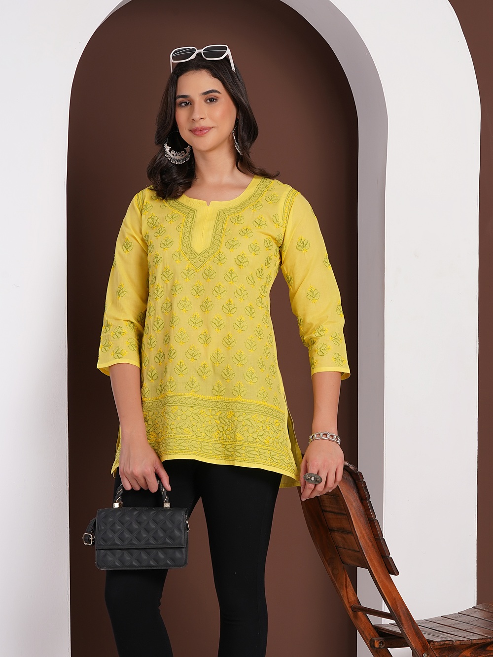 Lemon Yellow Hand Embroidered Chikan Cotton Top With Contrast Thread Work