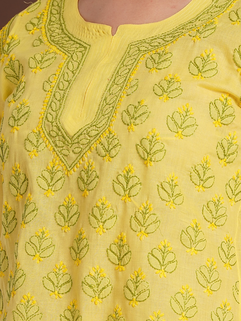 Lemon Yellow Hand Embroidered Chikan Cotton Top With Contrast Thread Work