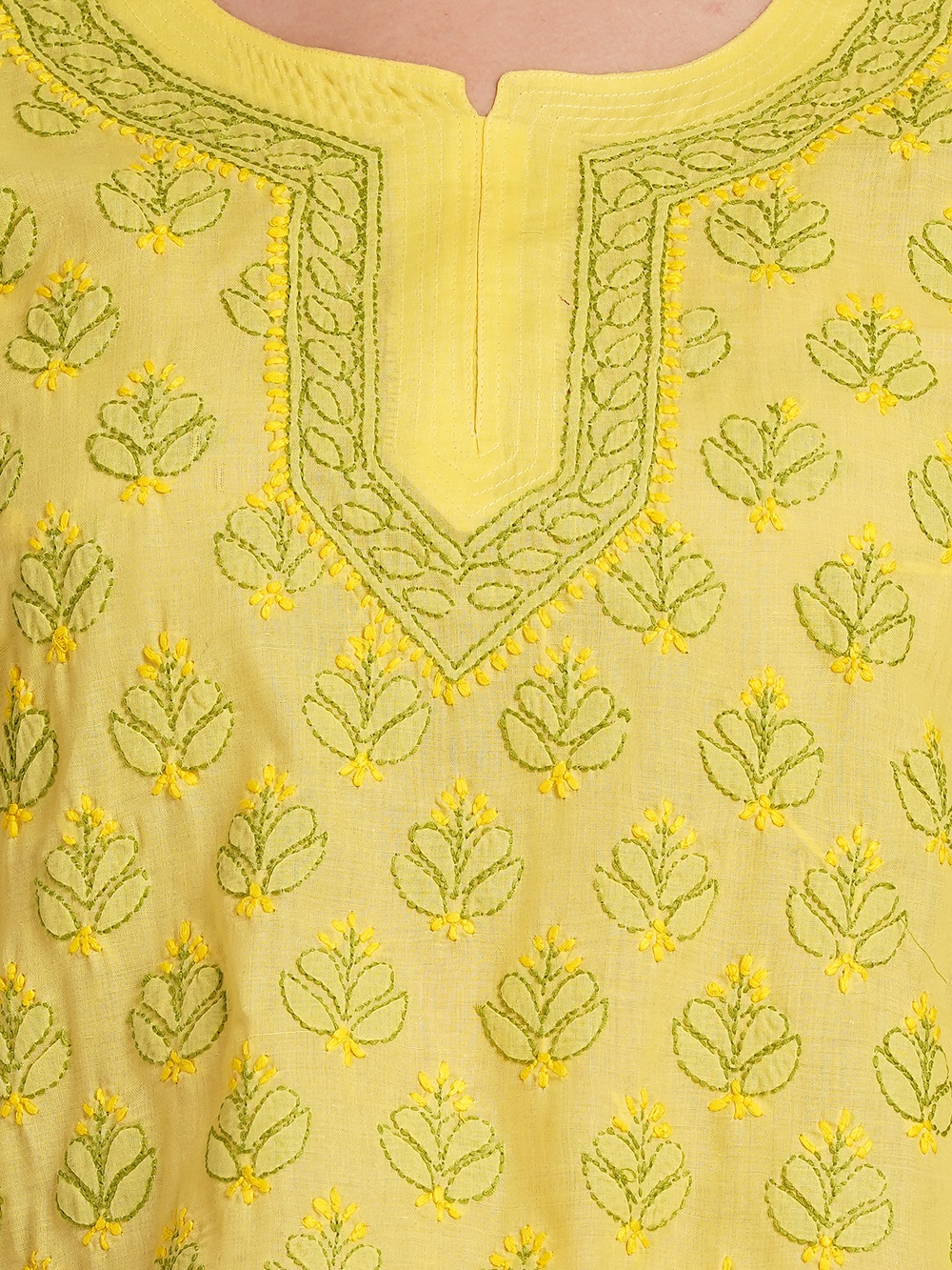 Lemon Yellow Hand Embroidered Chikan Cotton Top With Contrast Thread Work