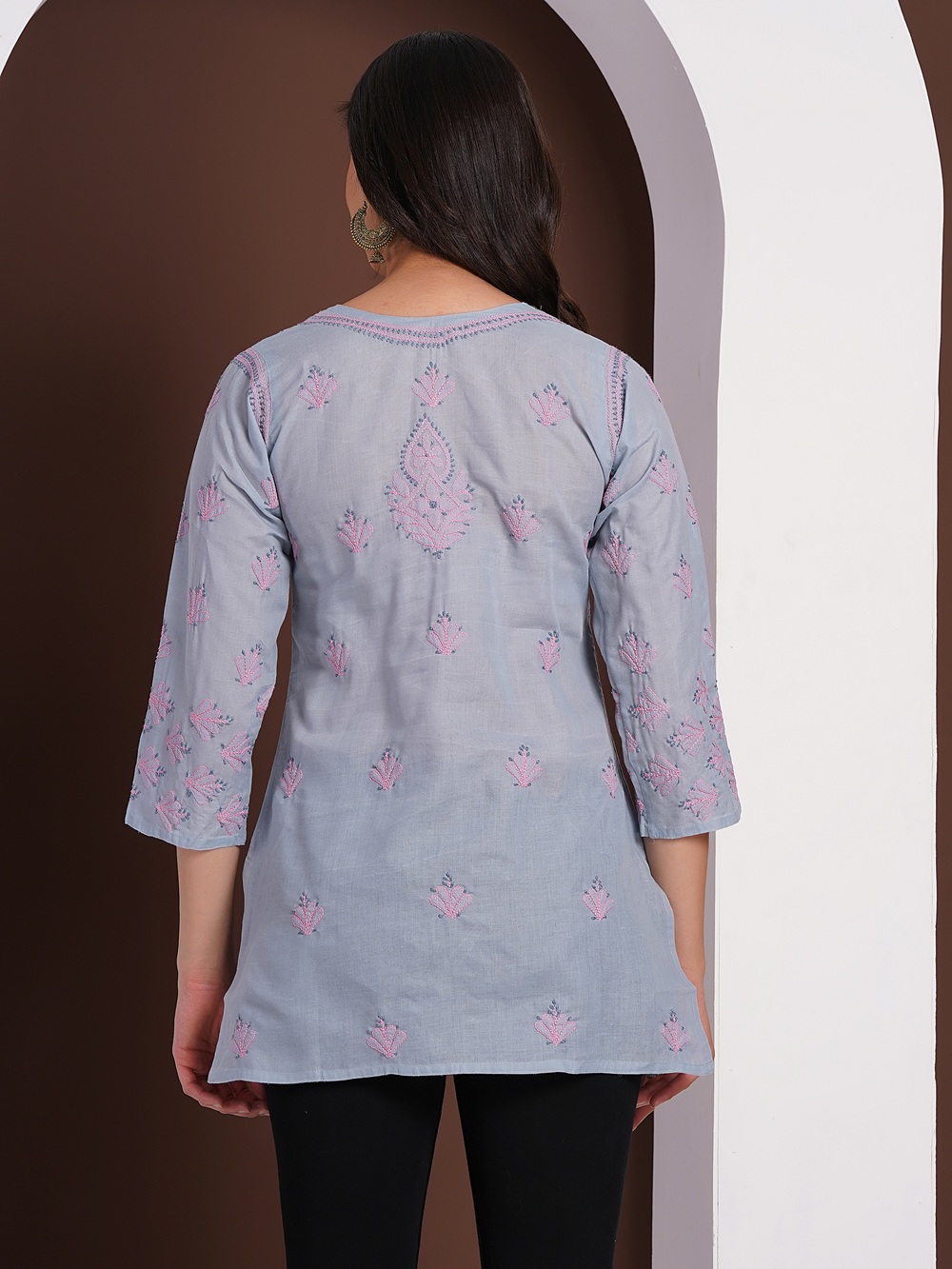 Dusty Blue Hand Embroidered Chikan Cotton Top With Contrast Thread Work