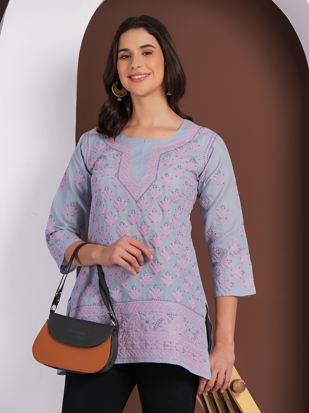 Dusty Blue Hand Embroidered Chikan Cotton Top With Contrast Thread Work
