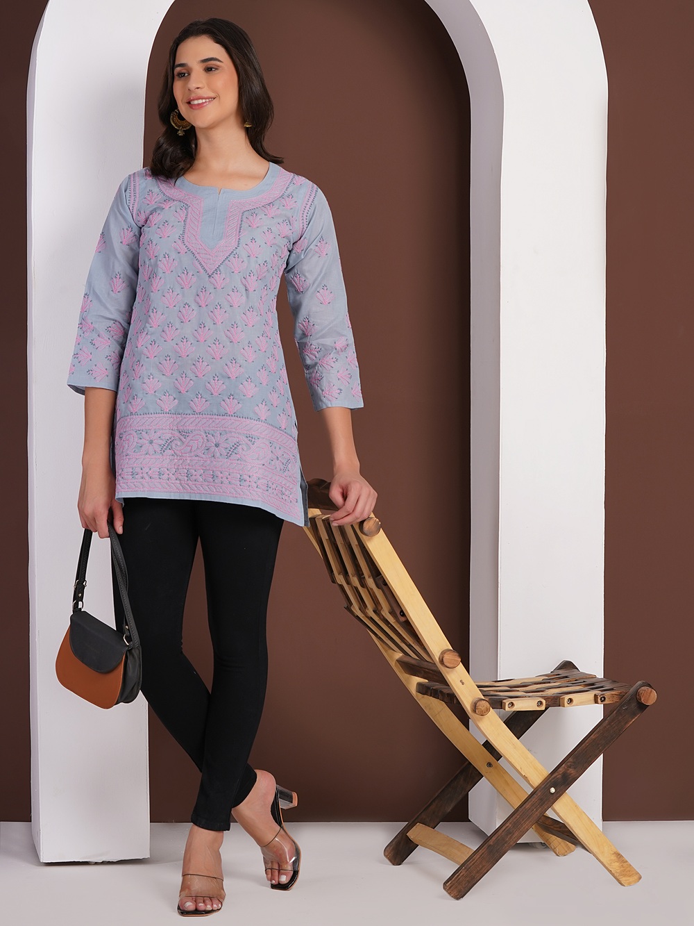 Dusty Blue Hand Embroidered Chikan Cotton Top With Contrast Thread Work