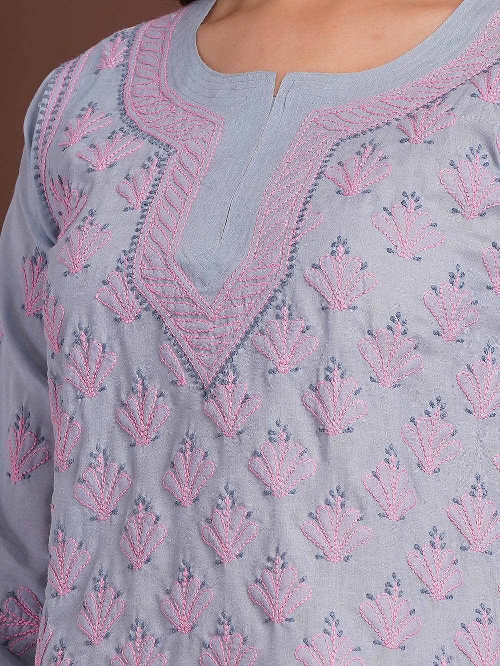 Dusty Blue Hand Embroidered Chikan Cotton Top With Contrast Thread Work