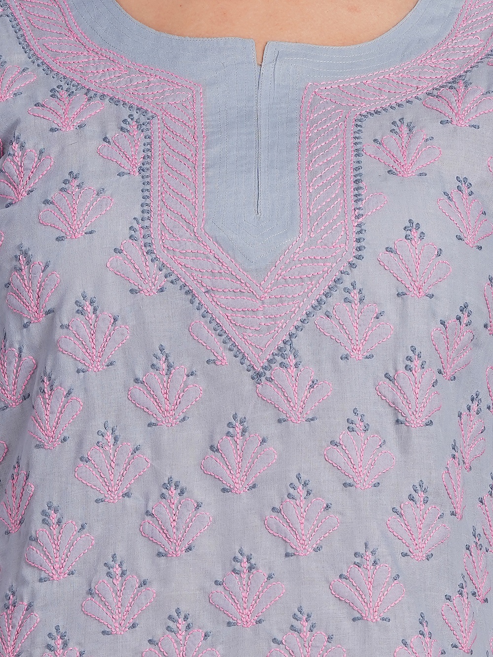 Dusty Blue Hand Embroidered Chikan Cotton Top With Contrast Thread Work