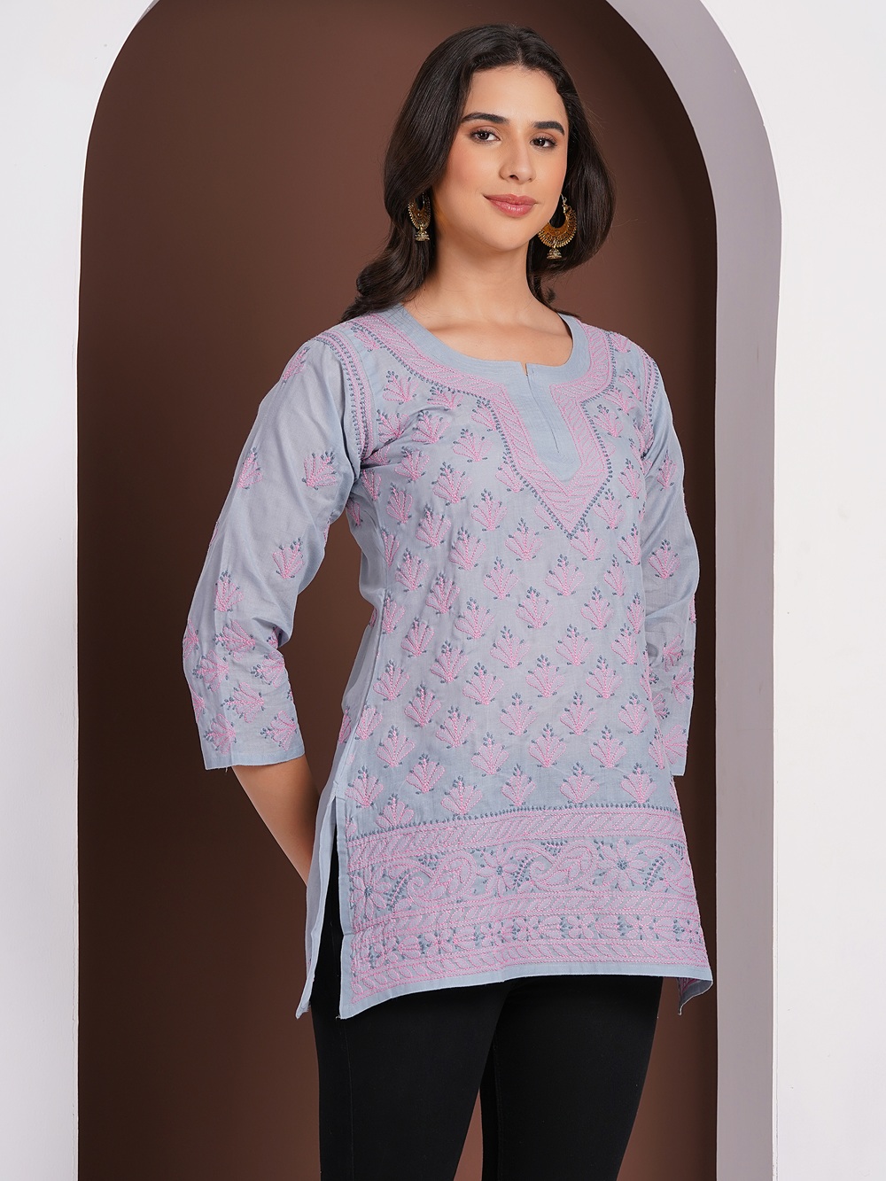 Dusty Blue Hand Embroidered Chikan Cotton Top With Contrast Thread Work