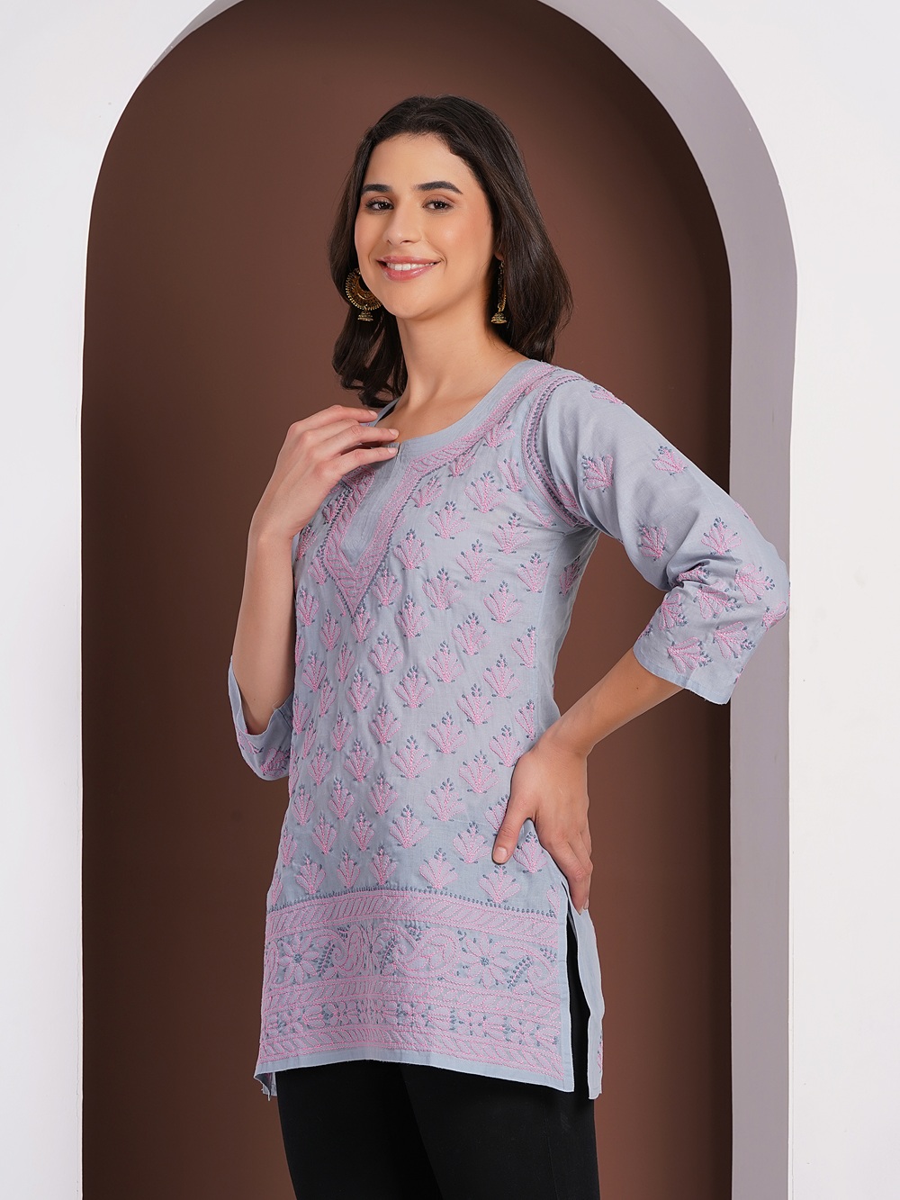 Dusty Blue Hand Embroidered Chikan Cotton Top With Contrast Thread Work