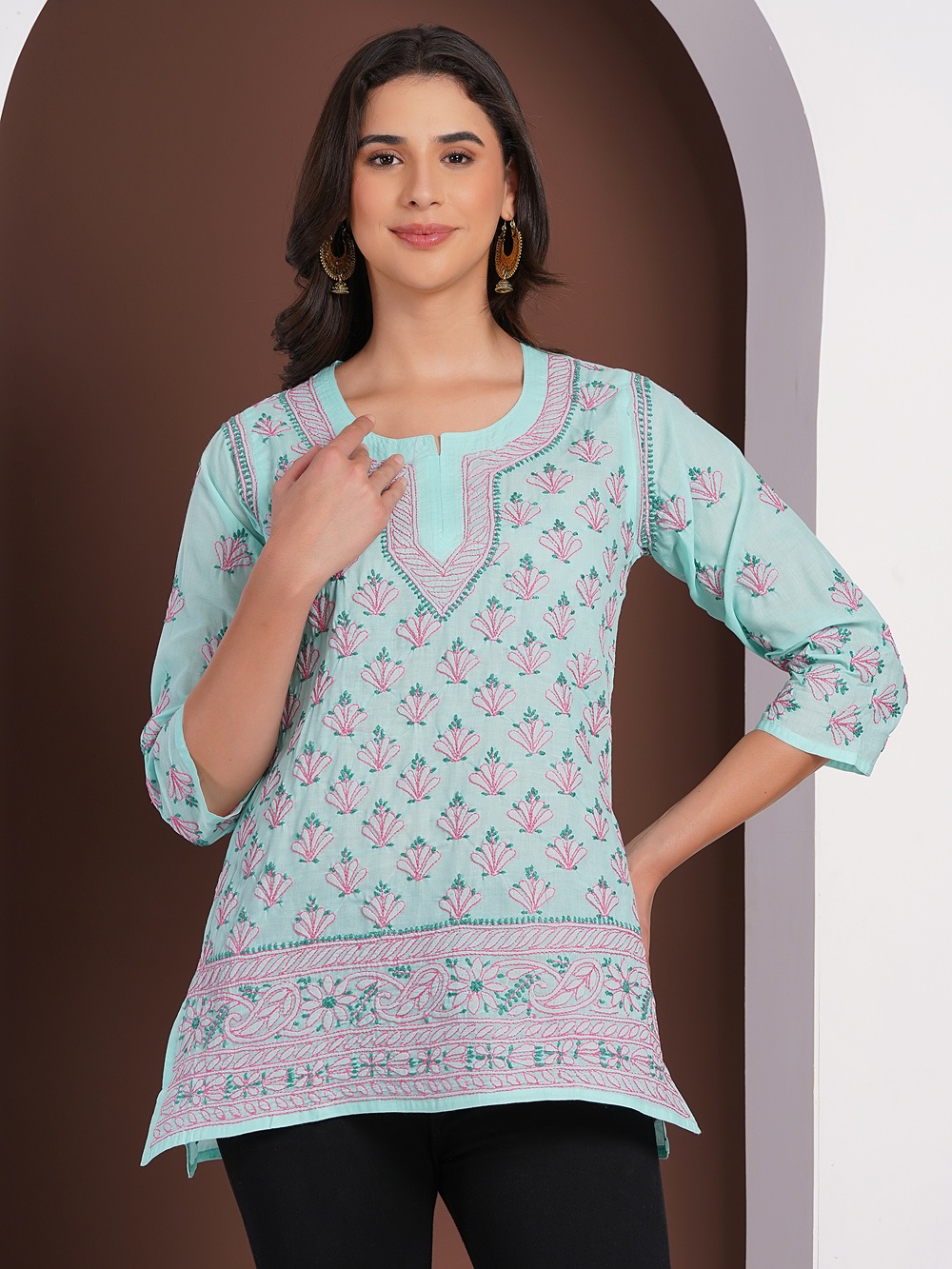 Mint Green Hand Embroidered Chikan Cotton Top With Contrast Thread Work