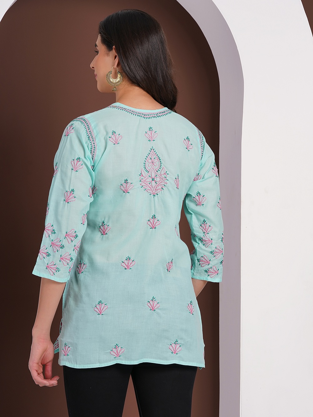 Mint Green Hand Embroidered Chikan Cotton Top With Contrast Thread Work