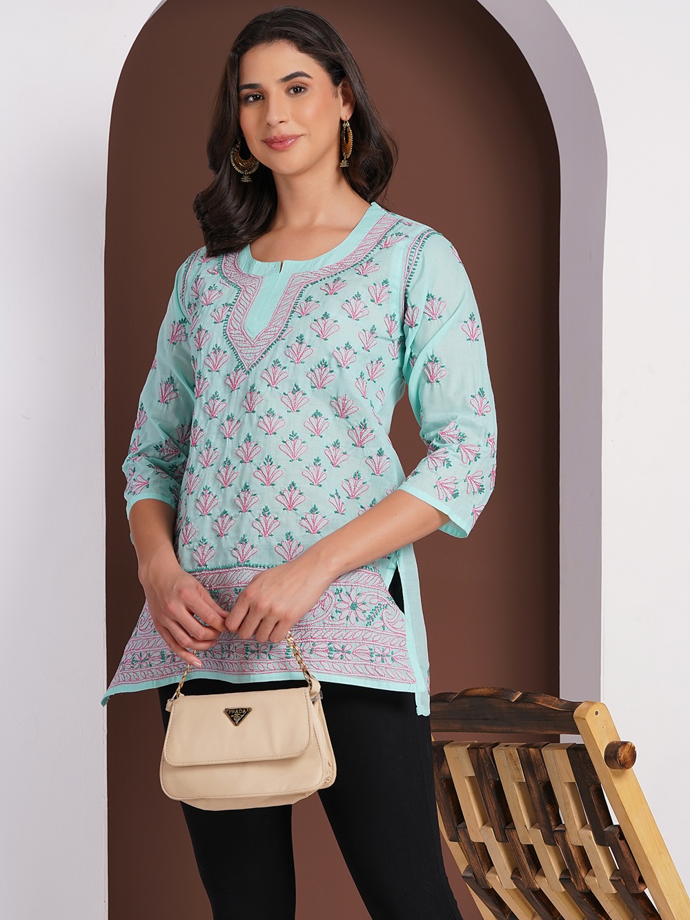 Mint Green Hand Embroidered Chikan Cotton Top With Contrast Thread Work