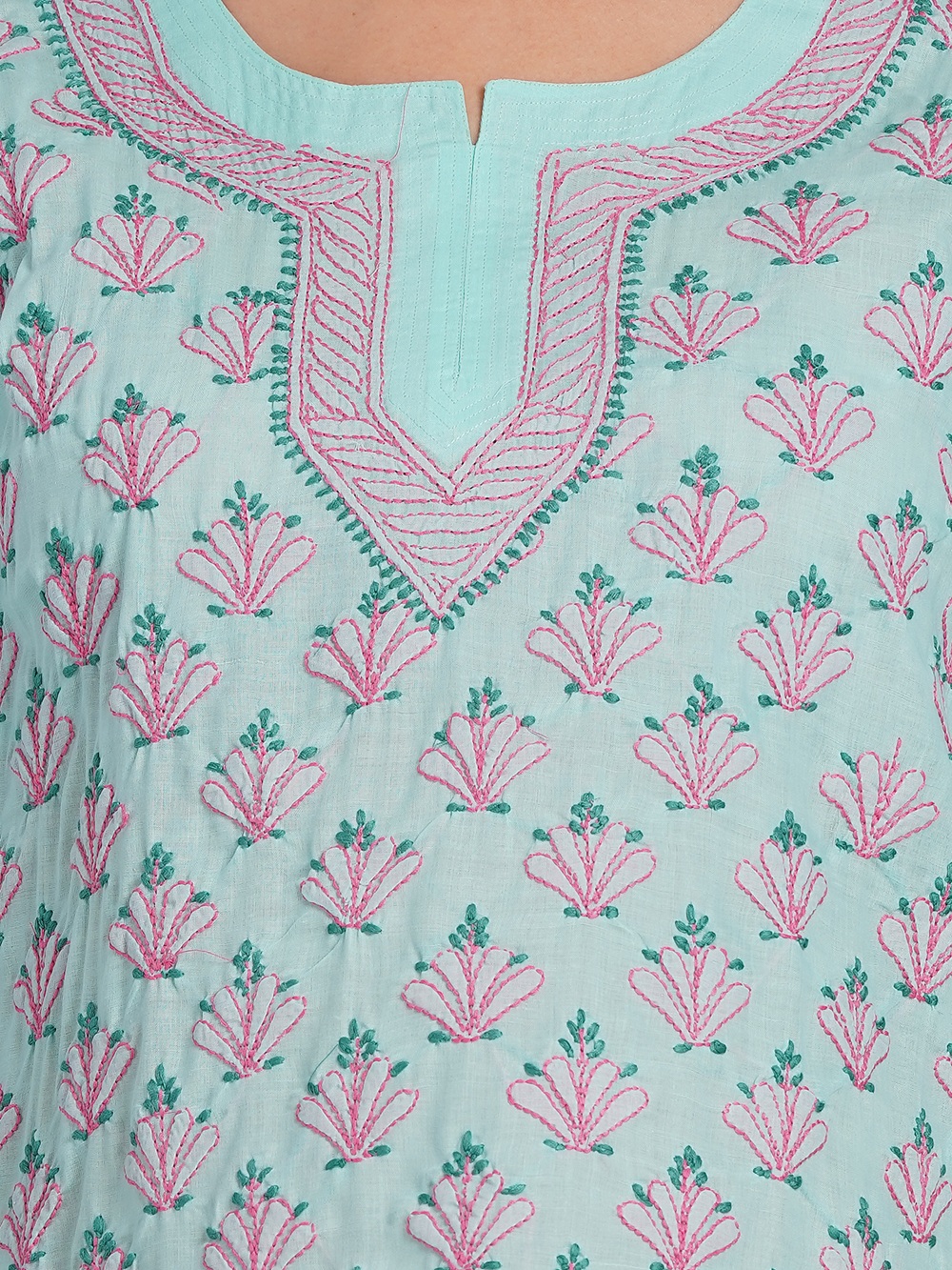 Mint Green Hand Embroidered Chikan Cotton Top With Contrast Thread Work
