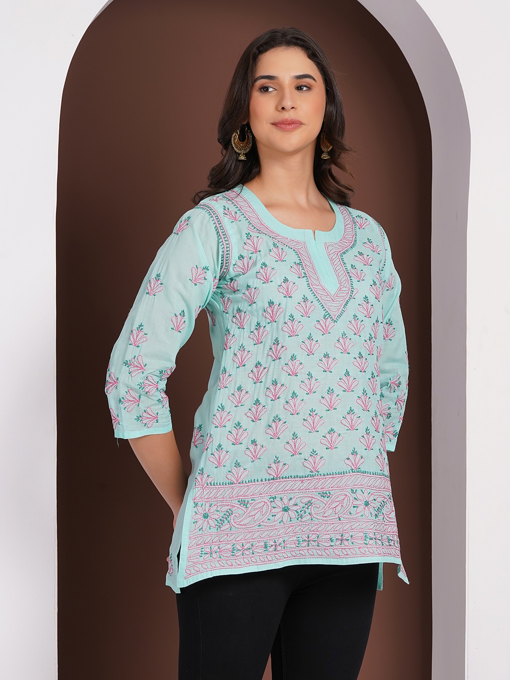 Mint Green Hand Embroidered Chikan Cotton Top With Contrast Thread Work