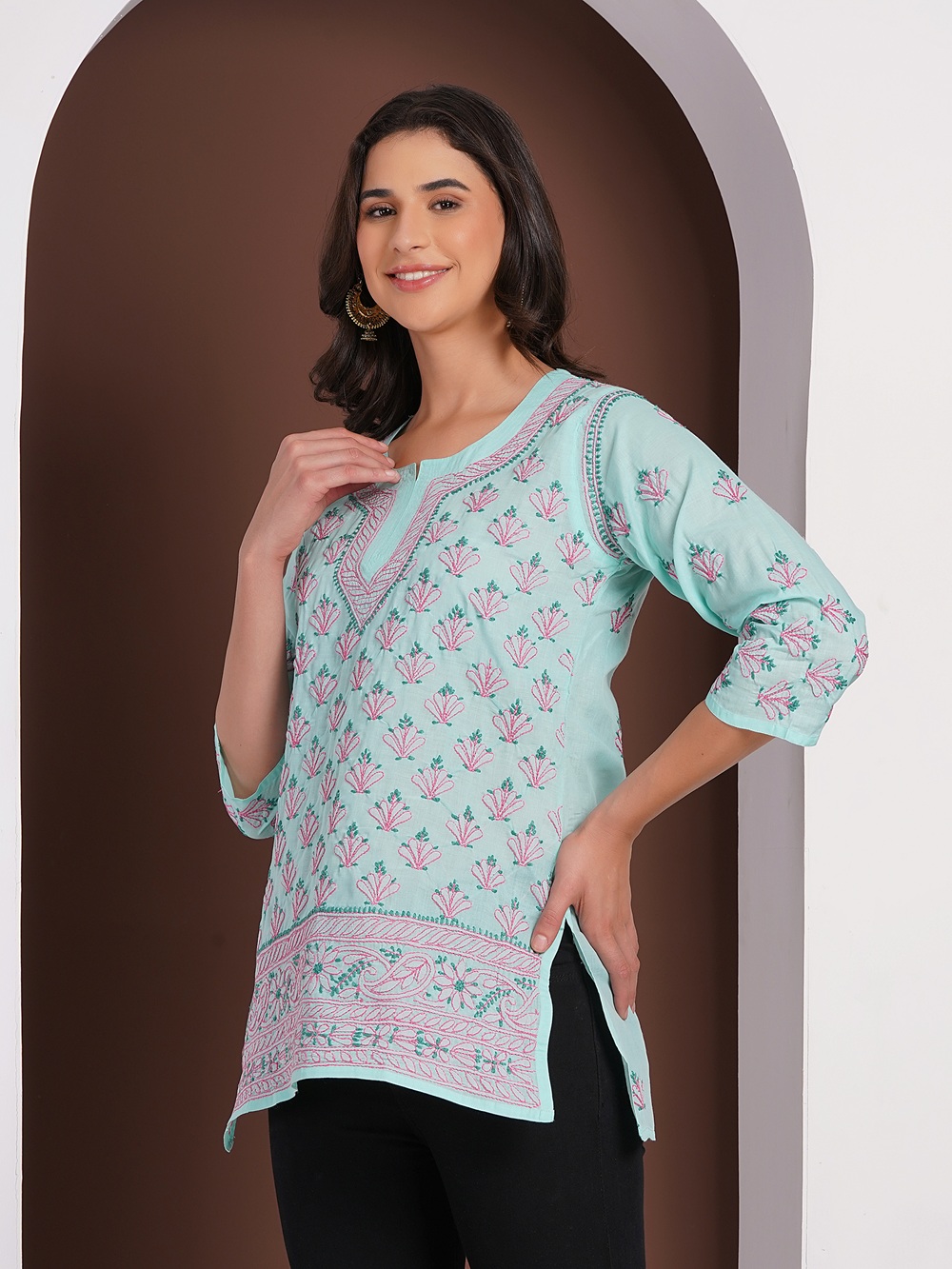 Mint Green Hand Embroidered Chikan Cotton Top With Contrast Thread Work