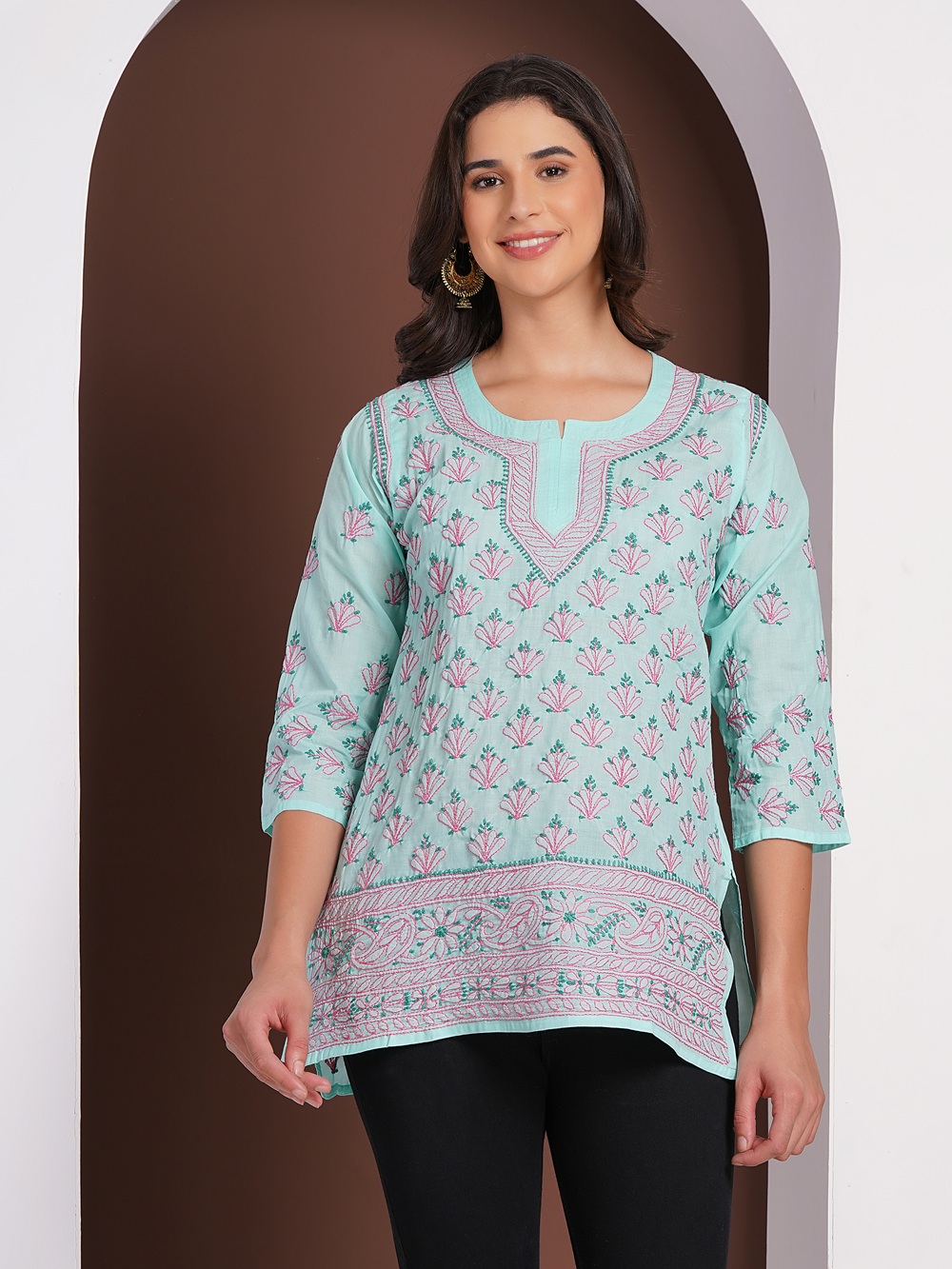 Mint Green Hand Embroidered Chikan Cotton Top With Contrast Thread Work