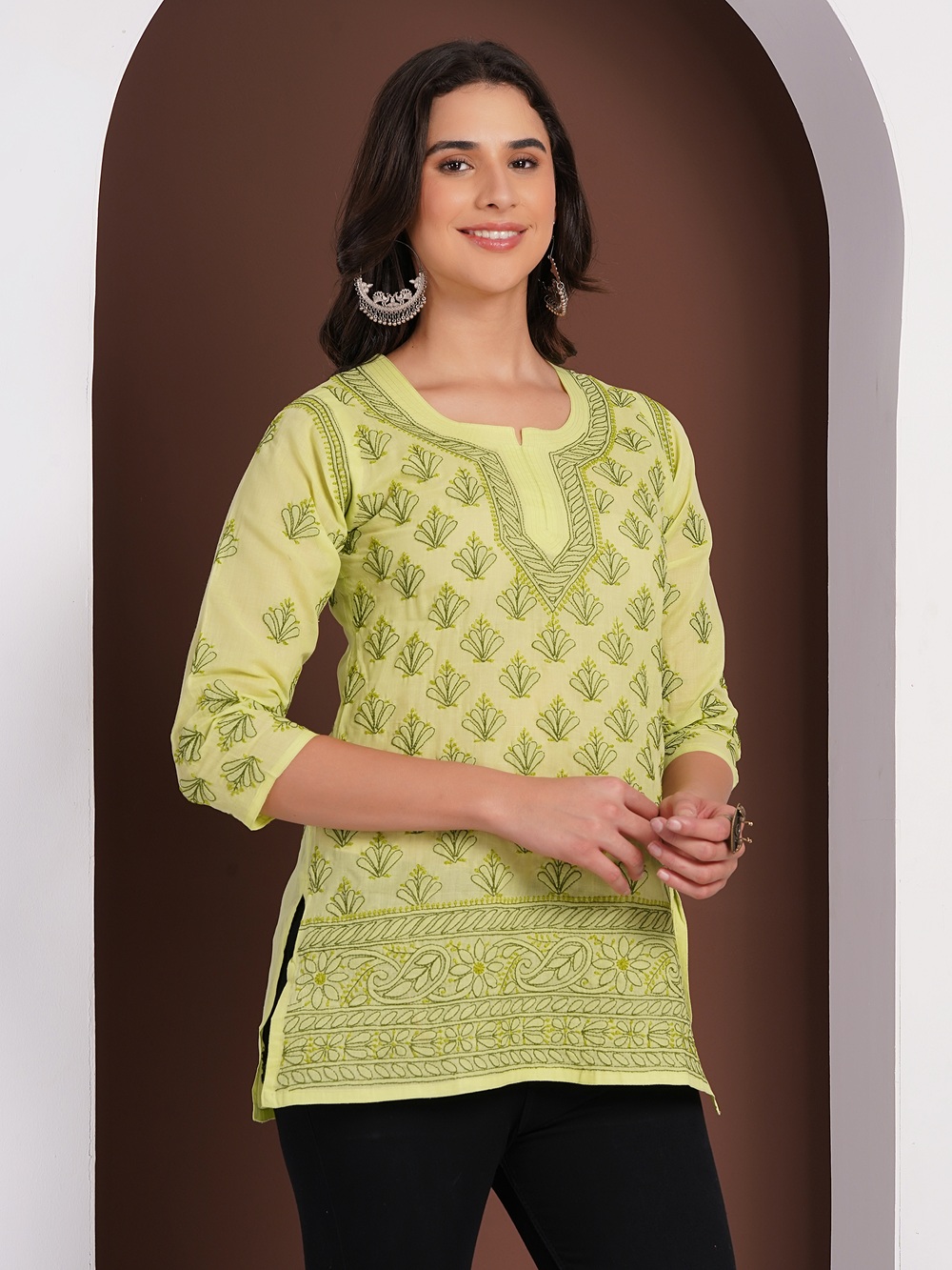Pistachio Green Hand Embroidered Chikan Cotton Top With Contrast Thread Work