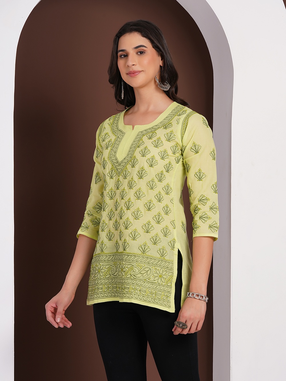 Pistachio Green Hand Embroidered Chikan Cotton Top With Contrast Thread Work