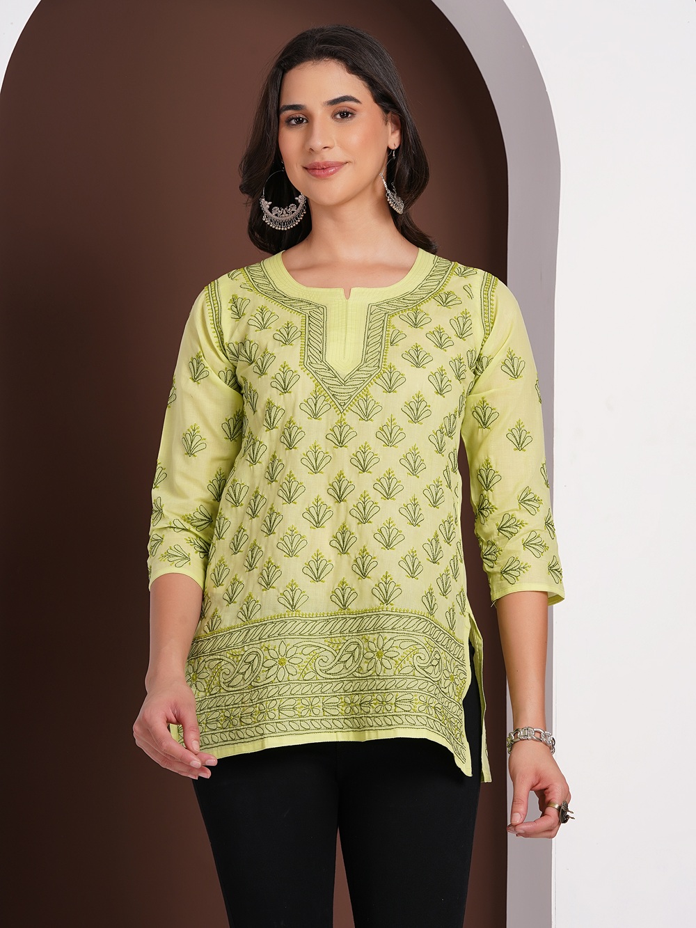 Pistachio Green Hand Embroidered Chikan Cotton Top With Contrast Thread Work