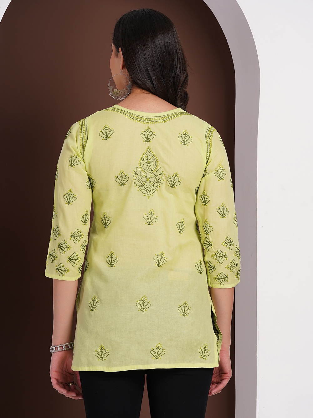 Pistachio Green Hand Embroidered Chikan Cotton Top With Contrast Thread Work
