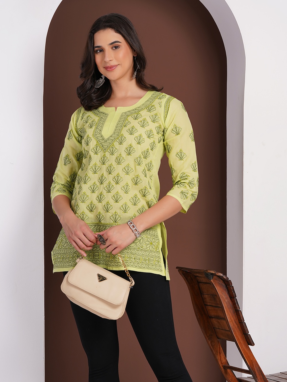 Pistachio Green Hand Embroidered Chikan Cotton Top With Contrast Thread Work