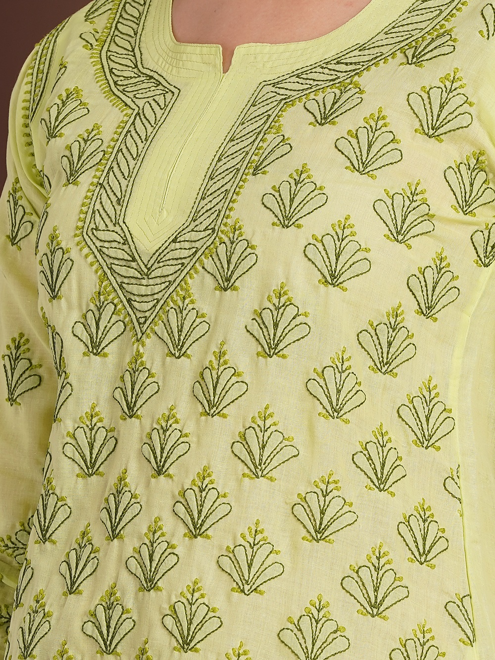 Pistachio Green Hand Embroidered Chikan Cotton Top With Contrast Thread Work
