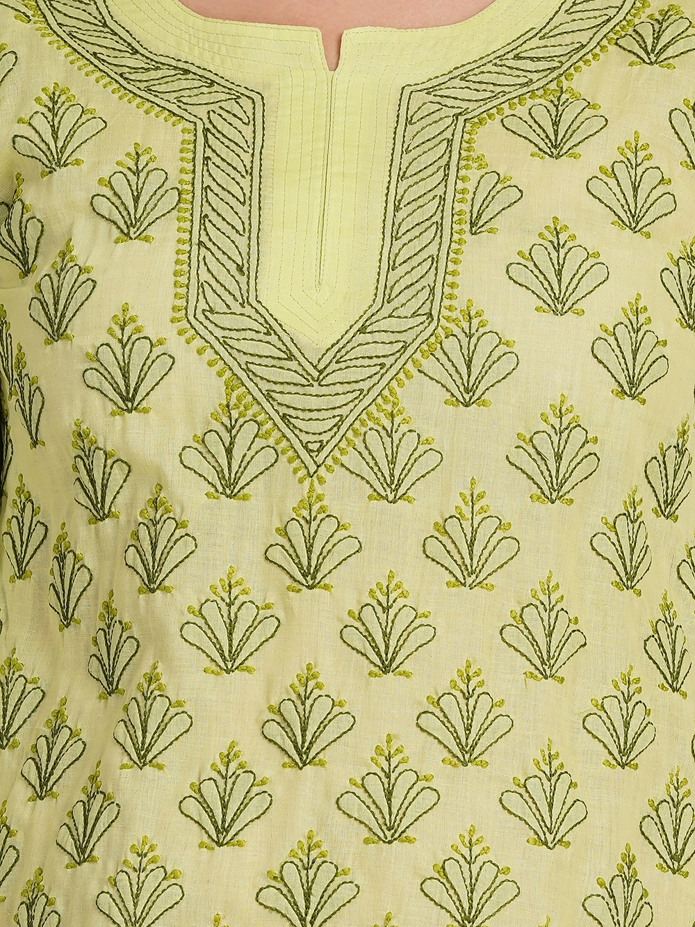 Pistachio Green Hand Embroidered Chikan Cotton Top With Contrast Thread Work