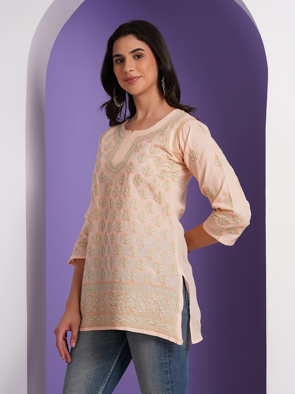 Peach Hand Embroidered Chikan Cotton Top With Contrast Thread Work