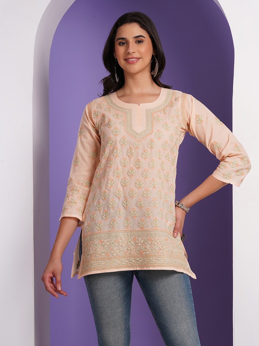 Peach Hand Embroidered Chikan Cotton Top With Contrast Thread Work