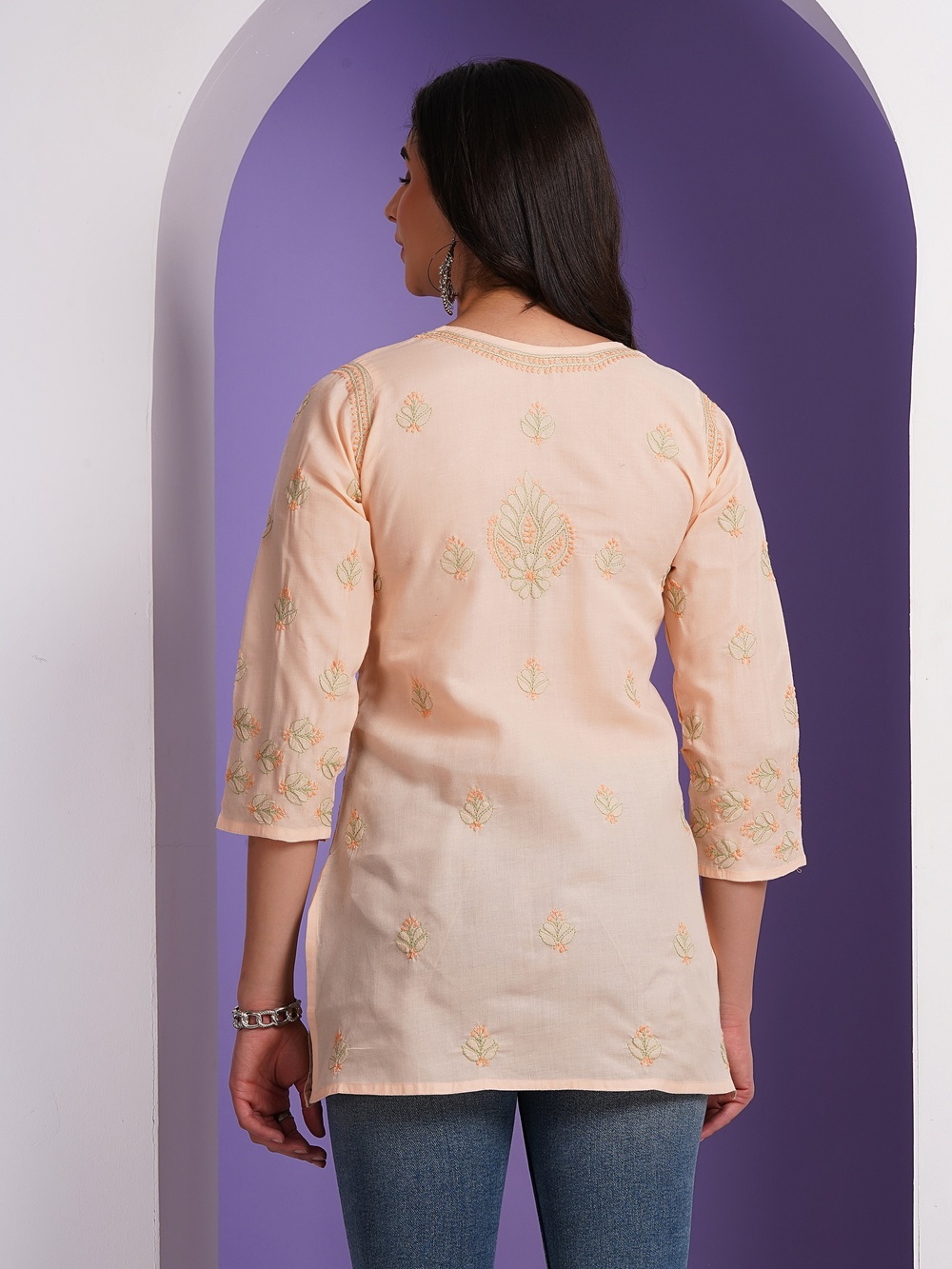 Peach Hand Embroidered Chikan Cotton Top With Contrast Thread Work