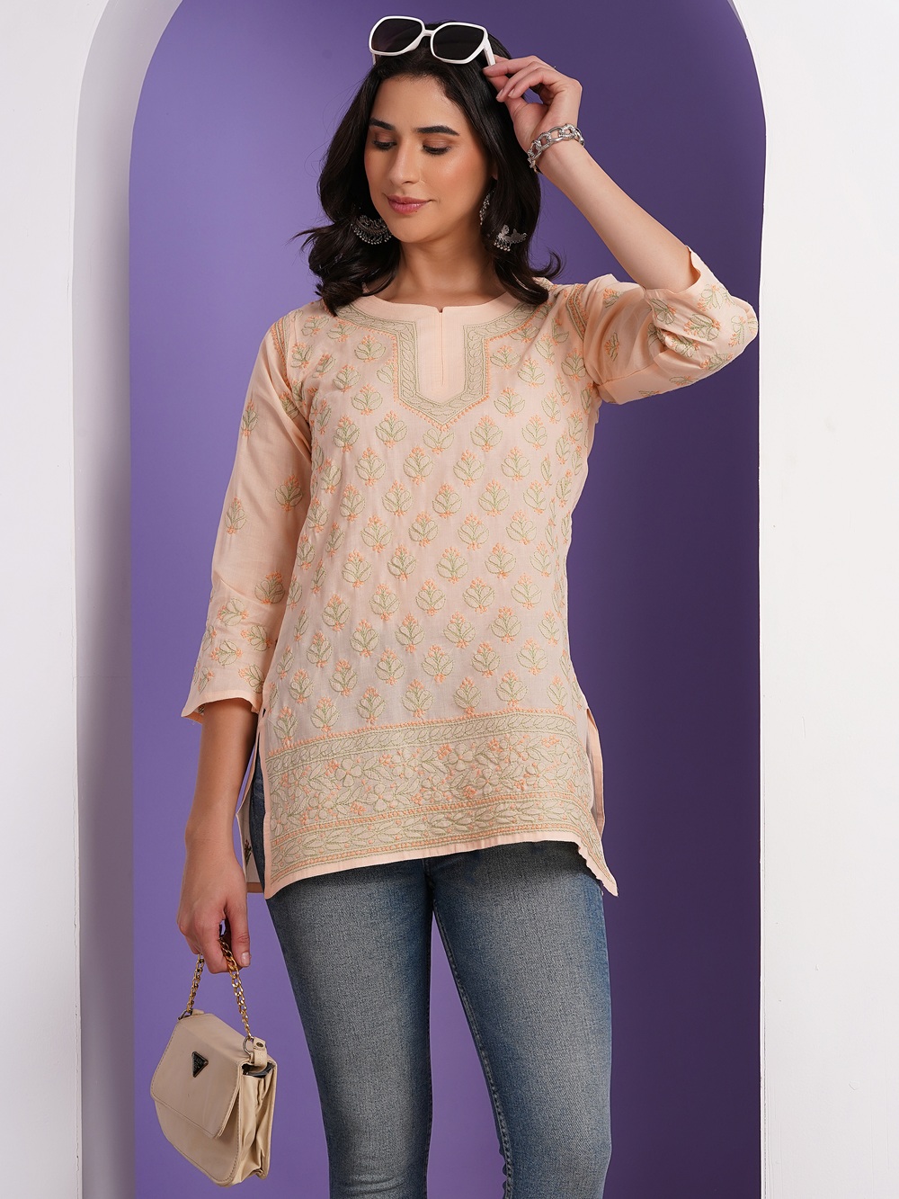 Peach Hand Embroidered Chikan Cotton Top With Contrast Thread Work